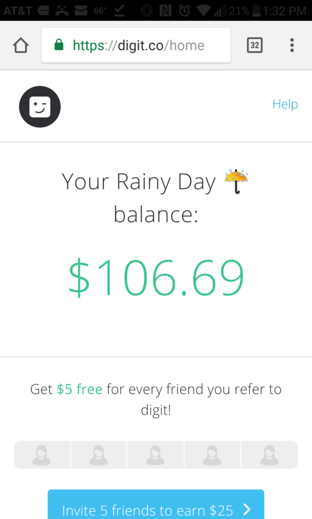 screenshot of a cell app: "Your Rainy Day Balance: $106.69"