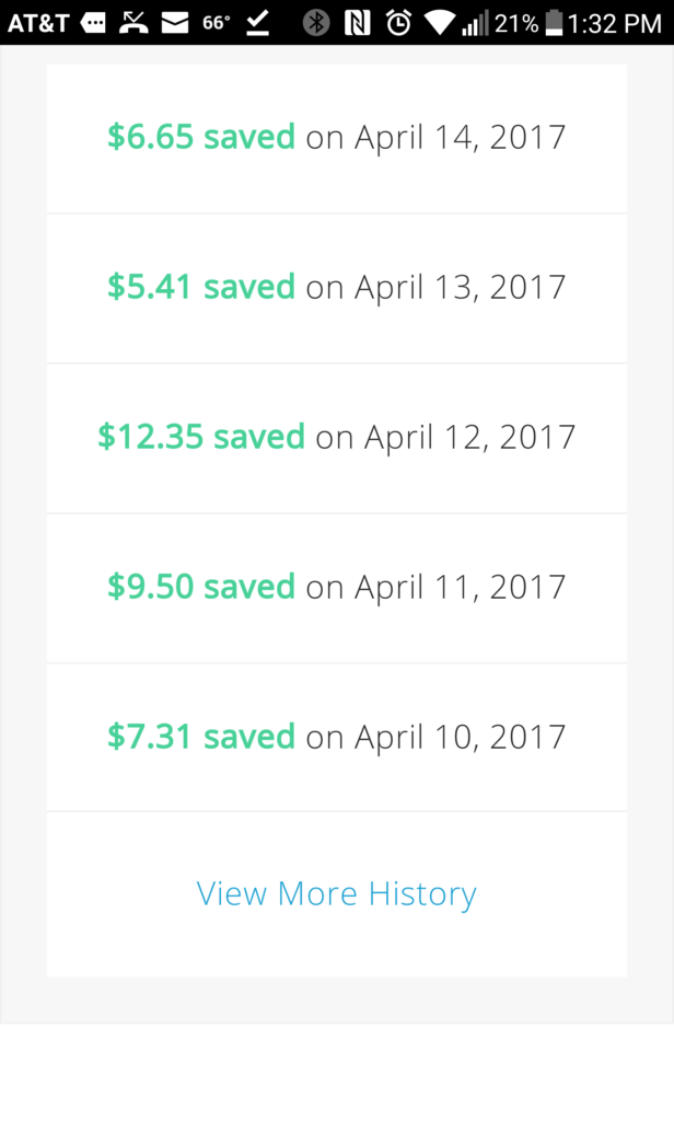 Cellphone screenshot of app showing how much money was saved on different days