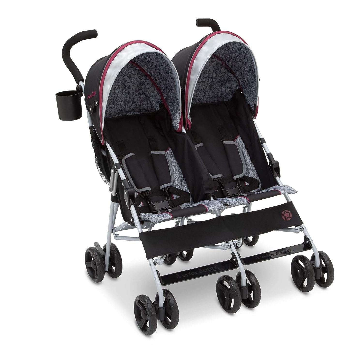 Jeep umbrella double stroller with dual shades in burgundy, silver, and black displayed as an option for double strollers for Disney World