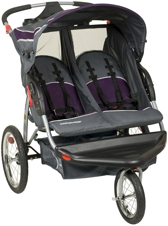 Grey and purple double jogging stroller with sun canopy makes the top 10 list of best double strollers for Disney World