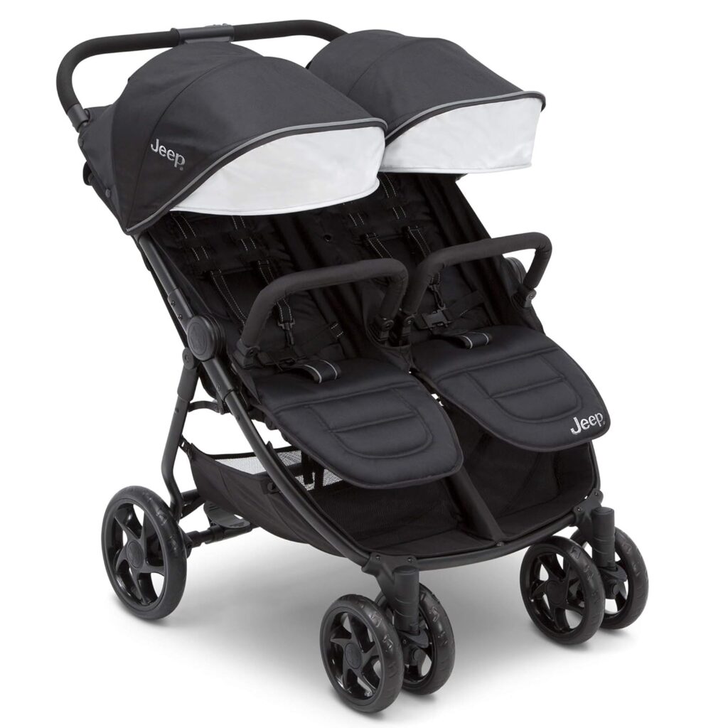 Black Jeep branded double stroller with separate sunshades