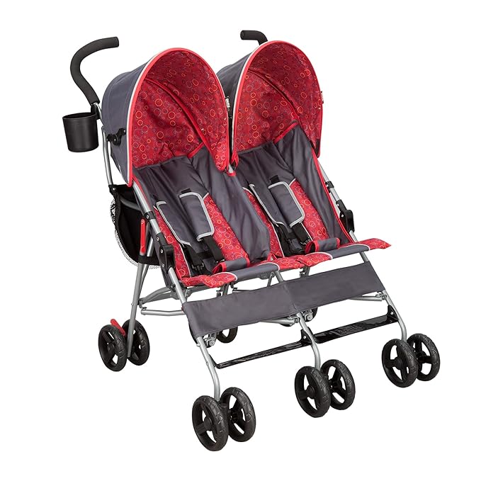 Grey and Red double umbrella stroller by Delta makes the perfect double stroller for Disney World