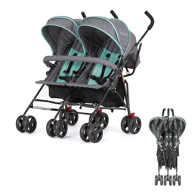 Grey and Green Double umbrella stroller with dual sunshades and support bar in front displayed as an option for double strollers for Disney World