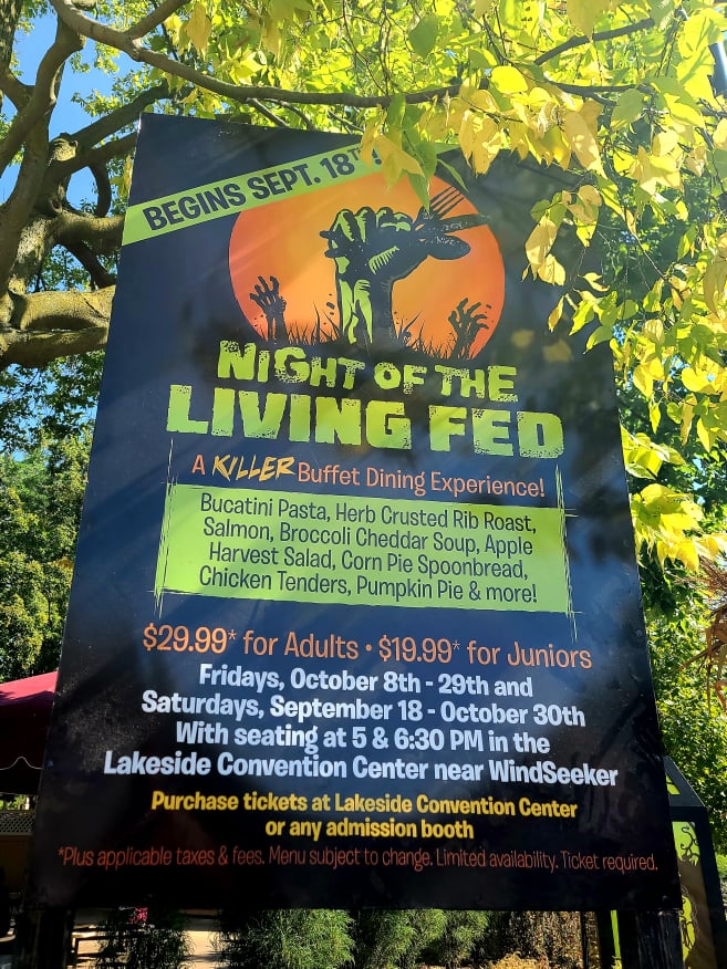 Night of the Living Fed Dining experience sign giving you the dates and pricing of their event