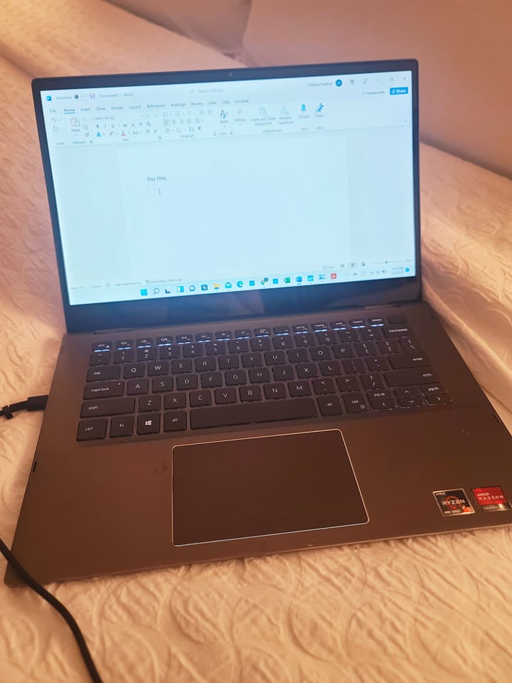 laptop open with writing program open to write a day one of a journal