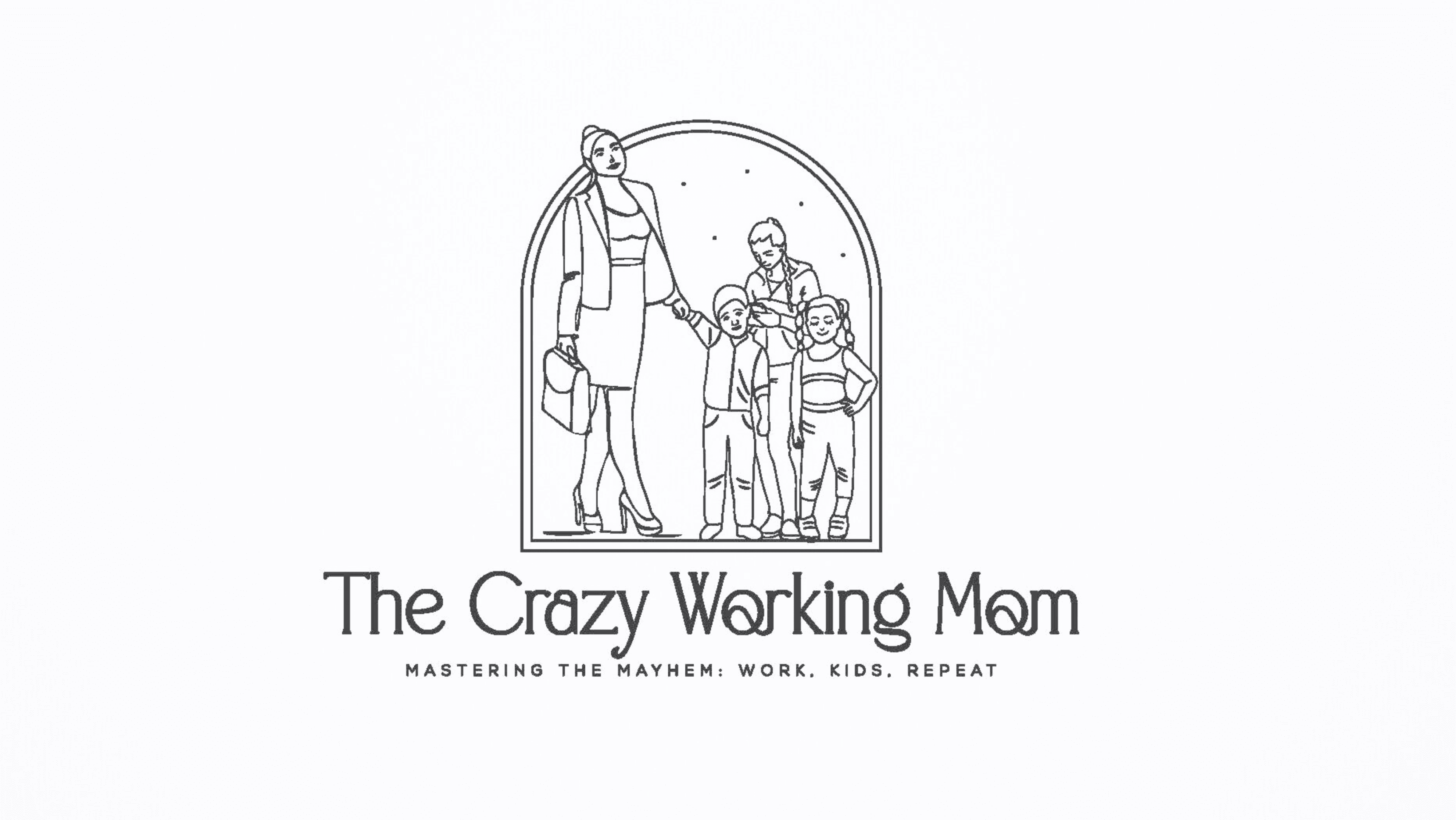 Blog Logo of a business mom with a bun and a suitcase holding hands with a young boy child, whose young sister child stands beside him with her hands on her hips. Behind the two small children is a slightly older teenage child looking at a phone. Logo States The Crazy Working Mom, Mastering the Mayhem: Work, Kids, Repeat