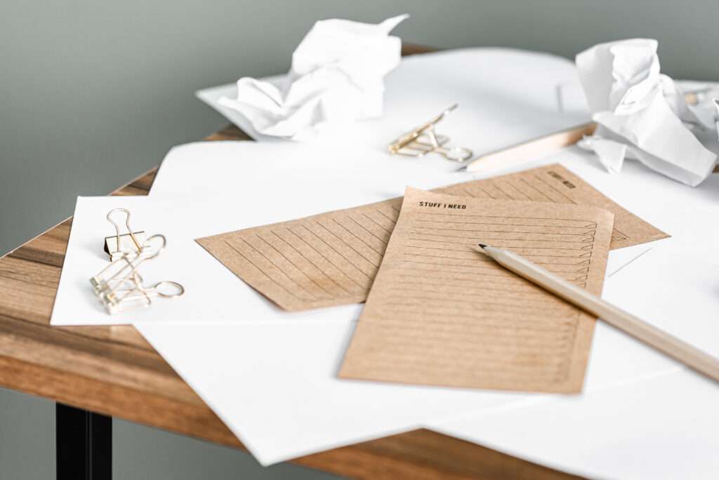 Messy desk covered in papers, one that reads "Stuff I need"  for self-improvement for moms