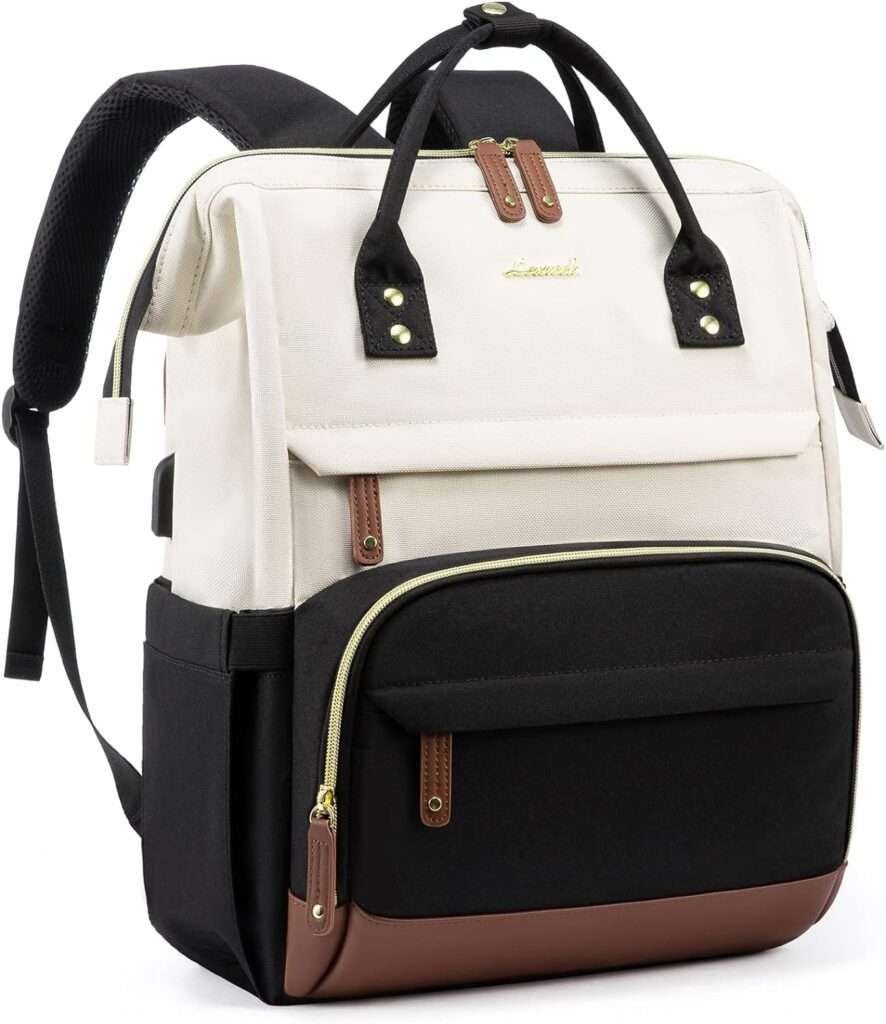 Cream and black laptop backpack with brown accents 