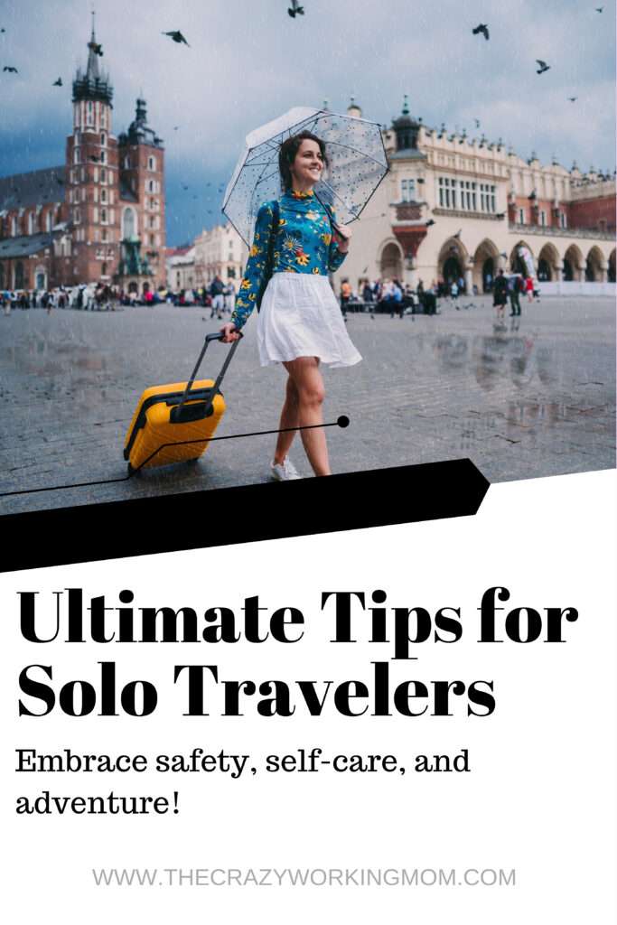 Smiling woman holing umbrella walking through the rain pulling her suitcase over a brick walkway in front of older buildings with the title: Ultimate Solo Work Travel Tips: Safety, Self-Care, and Adventure